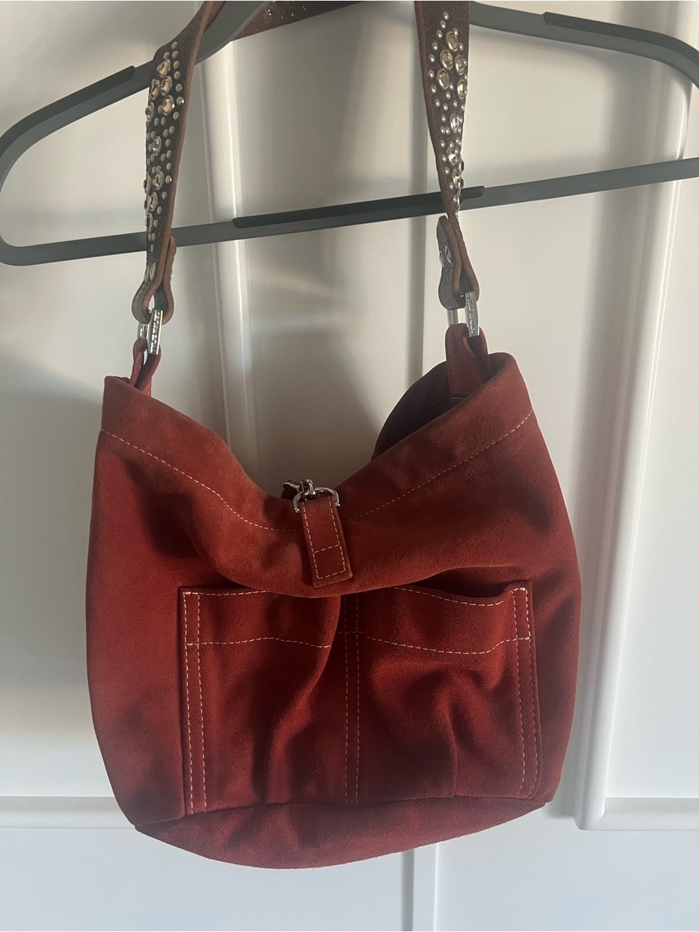 Tylie Malibu Suede Rust Red Shoulder Bag - with brown leather strap.